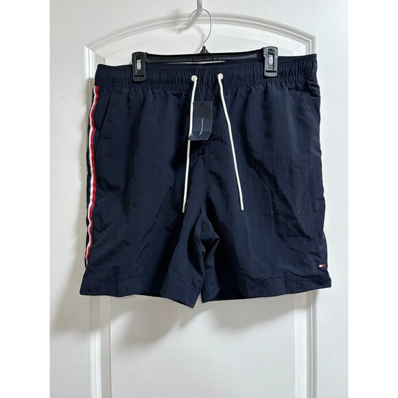 Tommy Hilfiger Mens Navy Swim Trunks Mesh Lining XL Red & White Stripe Summer - Picture 2 of 5